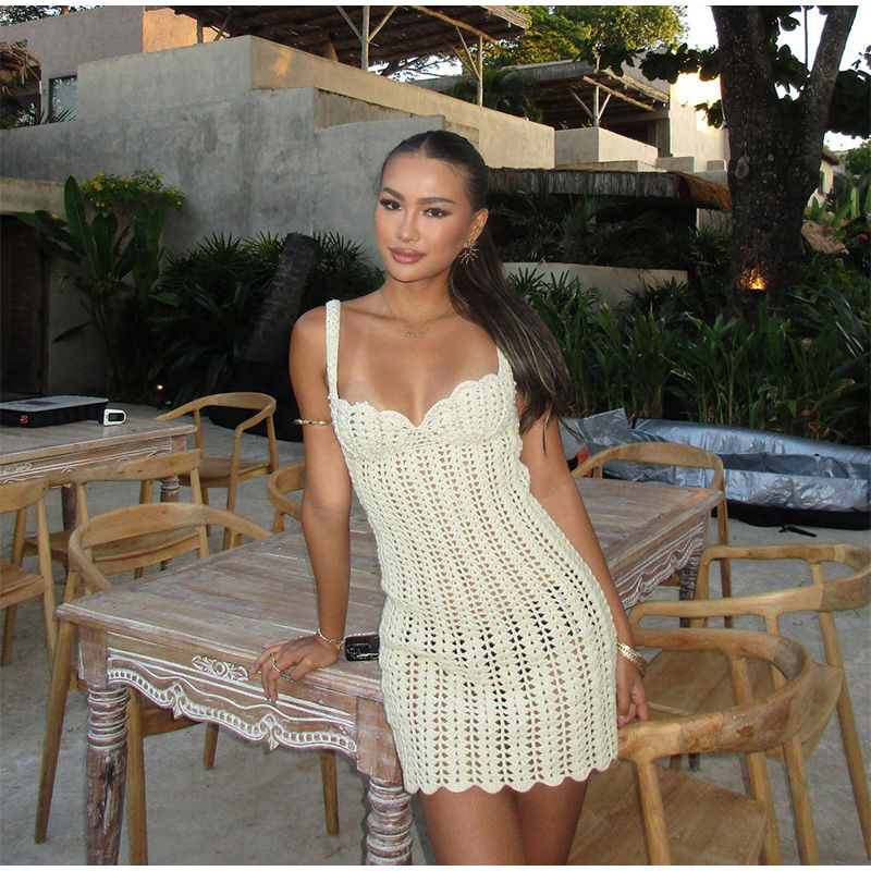 Thumbnail: Knitted Hollow-out Pearls Beach Dress Women Sexy Square Collar Backless Sleevele