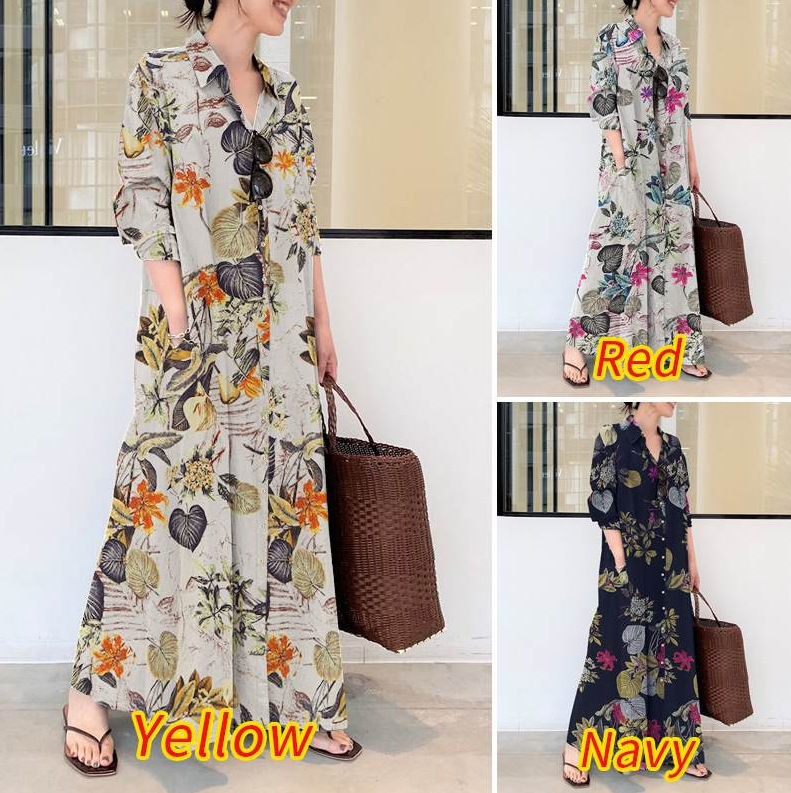 Women's Maxi Dress Turn-Down Collar Loose Waist Pullover Dress
