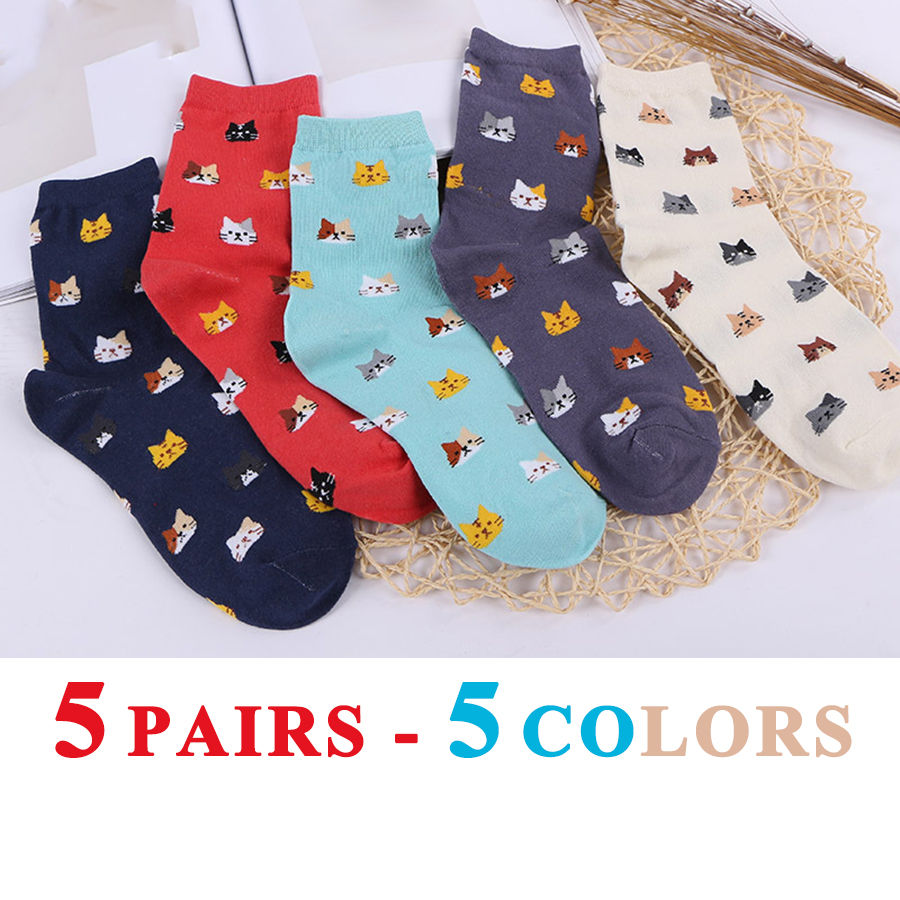 Thumbnail: 5 Pairs/Lot Cotton Socks Girls Heart Style Pattern Casual Comfortable Long Socks
