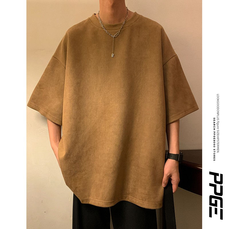 Thumbnail: Heavy Weight Retro Plus Size Men's Suede T-shirt Short Sleeve