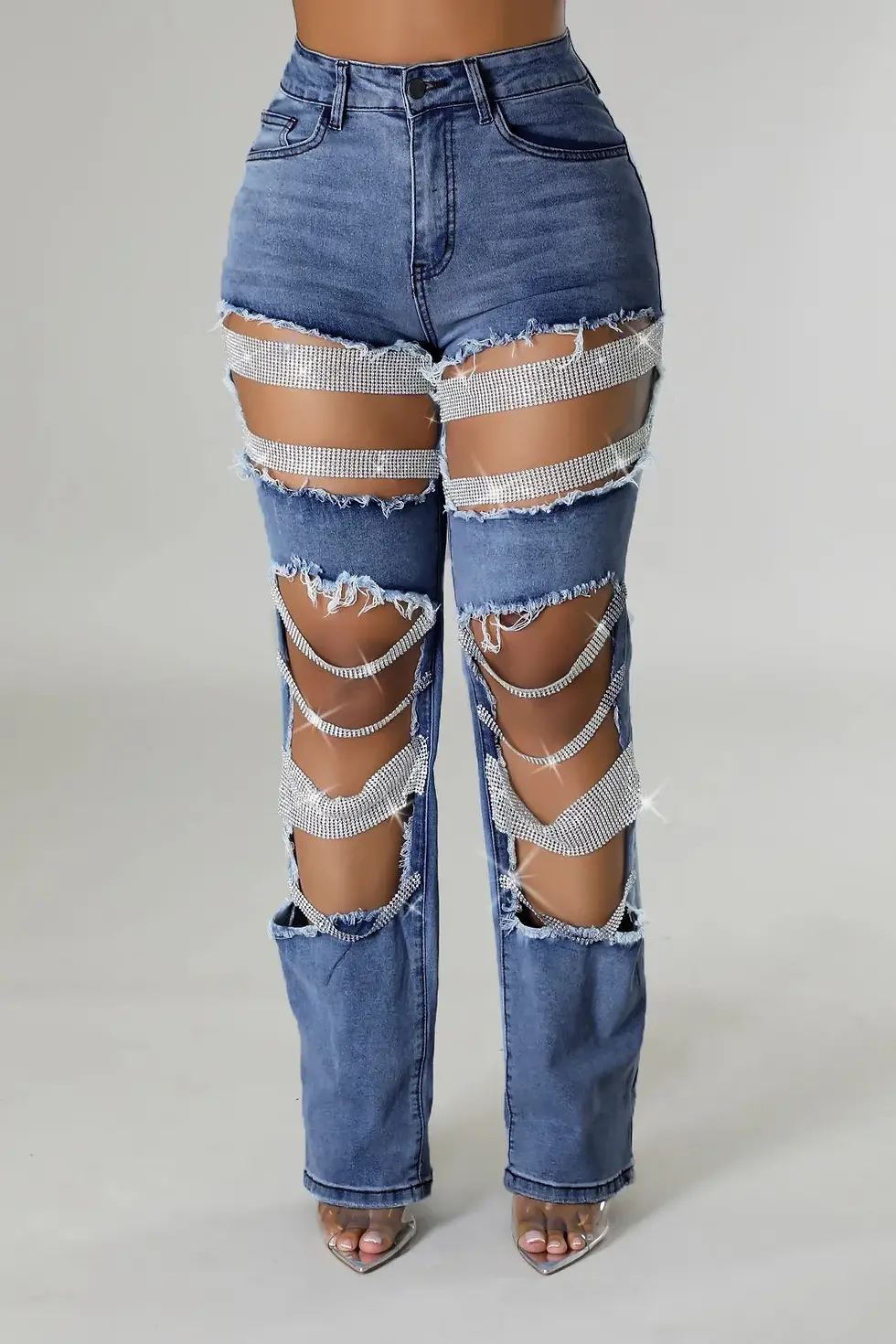 Thumbnail: Women Fashion Pearl Beading Ripped Hollow Out Tassel Wide Leg Jeans 2024 New Sum