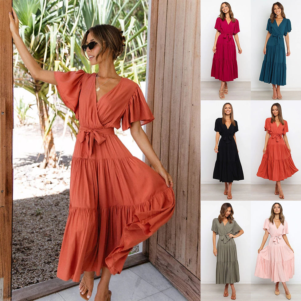 Thumbnail: New Trendy Solid Color Ruffles Long Dresses Butterfly Sleeve