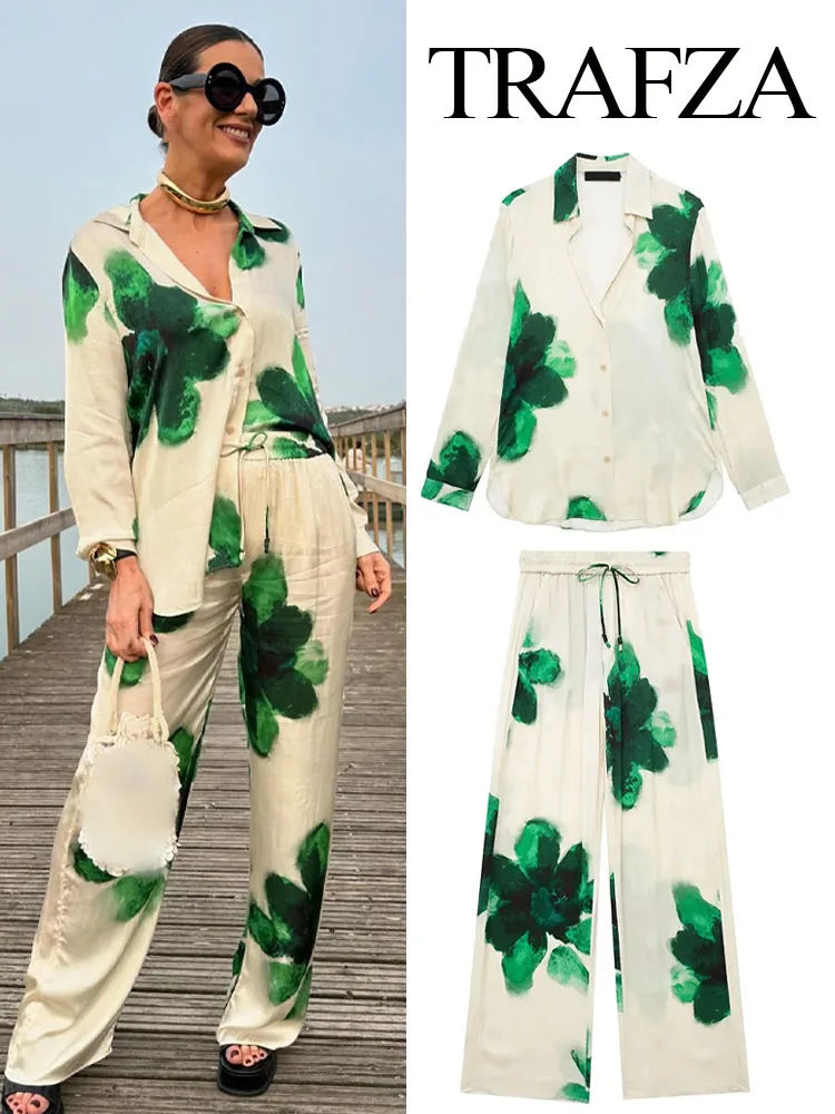 TRAFZA Women Suit Print Turn-Down Collar Long Sleeve Single Breasted Casual