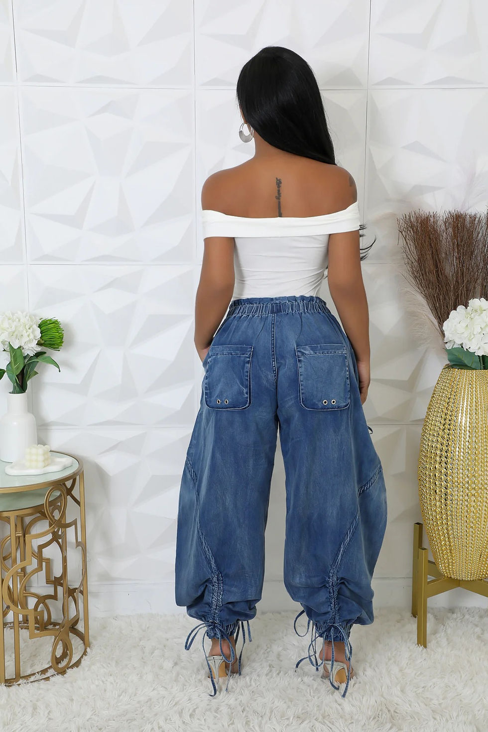 Thumbnail: CM.YAYA Women Streetwear Drawstring Fashion Fly Denim Pants 2024 Autumn Loose Sa