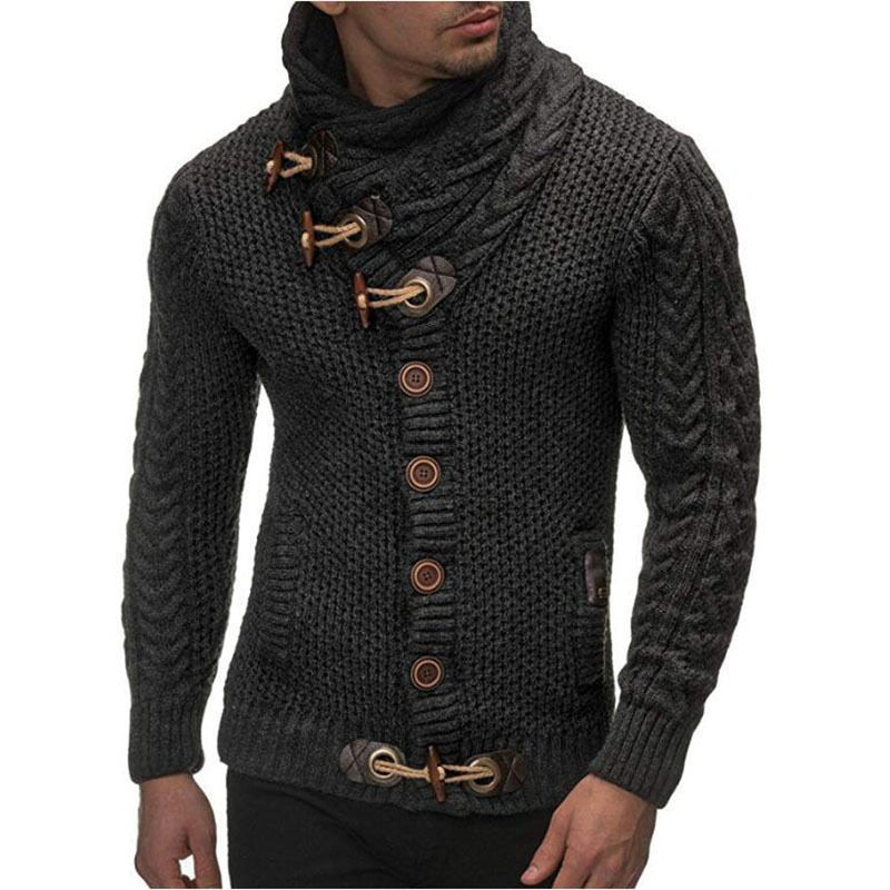 New Winter Men's High-neck Sweater Knitted Thick Wool Button Top Retro Slim Fit
