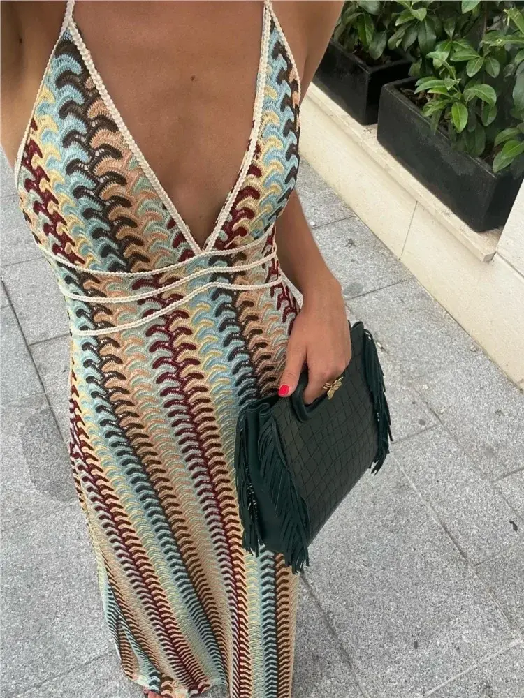 Thumbnail: Sexy Printed Colorful Deep V-neck Crochet Maxi Dress Women Chic Sleeveless Backl