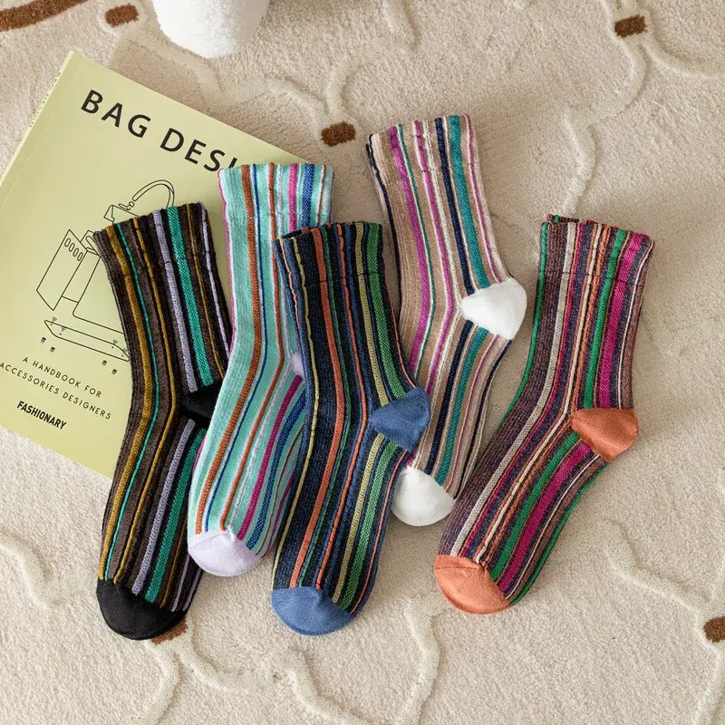 Korean Style Women Socks Colorful Striped Harajuku Retro Vintage Streetwear Crew