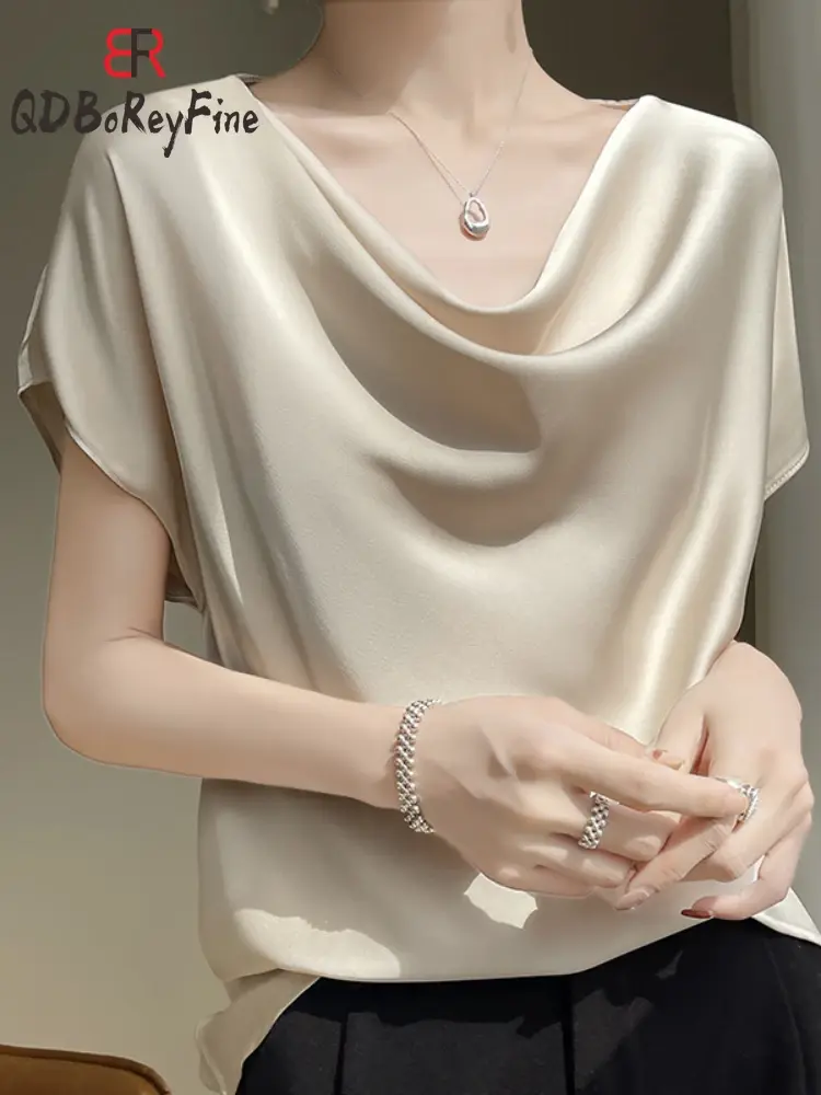 Elegant Women T-shirts Summer Satin Silk Short Sleeve Swinging Collar Basic Whit