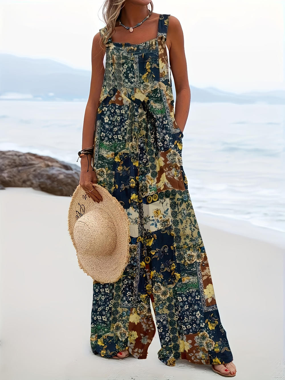 Women Casual Jumpsuits Fashion Overalls Female Loose Wide Leg Printed Button wit