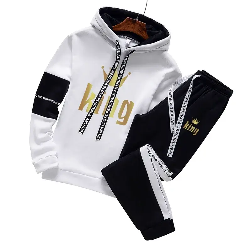 Thumbnail: King Men's Tracksuit Classic Black White Hooded Sweatshirt Suit Casual Jogging C