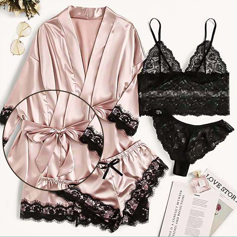Thumbnail: Women's Fashion Pajama Print Sexy Lace Trim Faux Silk Satin Pajama Set Gown Skin