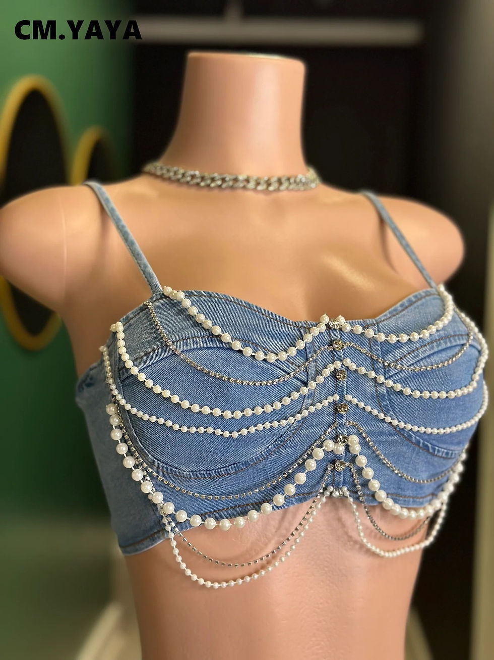 Thumbnail: CM.YAYA Women Set Denim Strapless Pearl Beading Top + shorts Sets Street Casual 