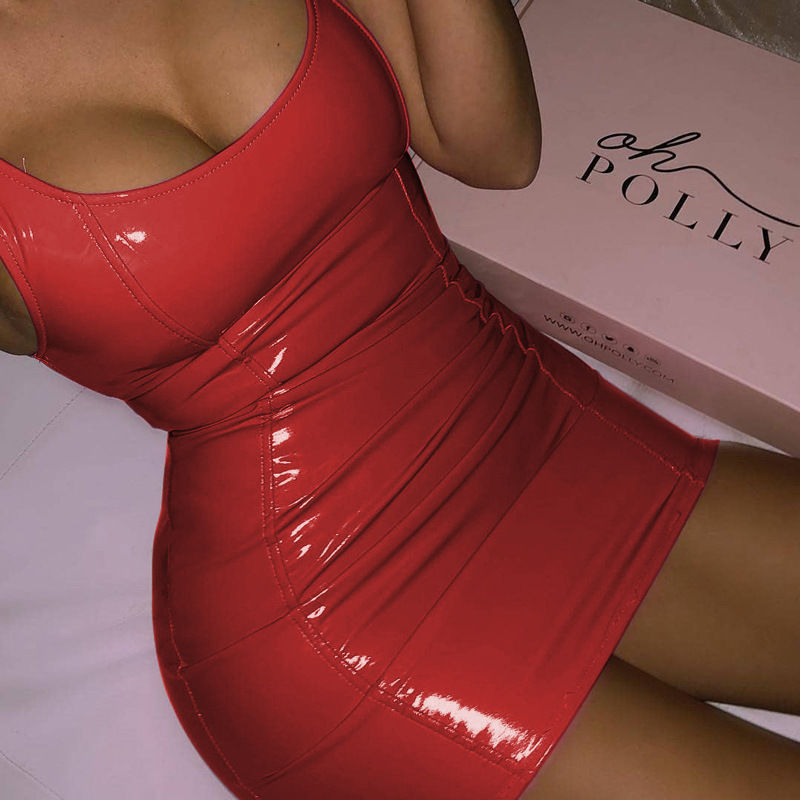 Thumbnail: Solid Color Dress Tight Leather Skirt Sexy Sleeveless Leather Hot Girl Hip Skirt
