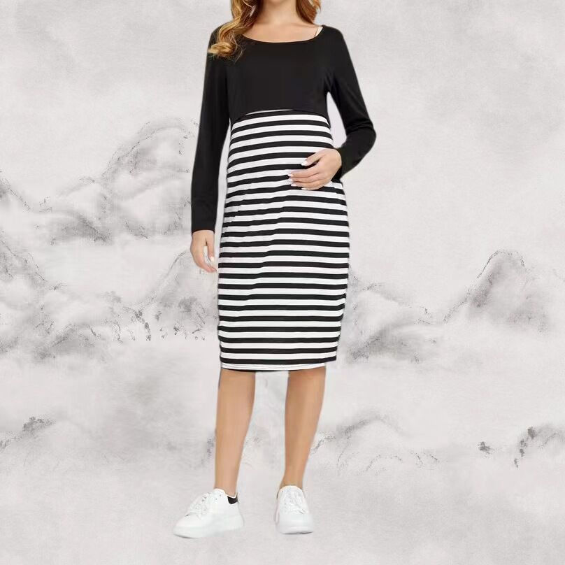 Thumbnail: New Maternity Long Sleeve Nursing Clothes Spring and Autumn Cotton Striped Long 