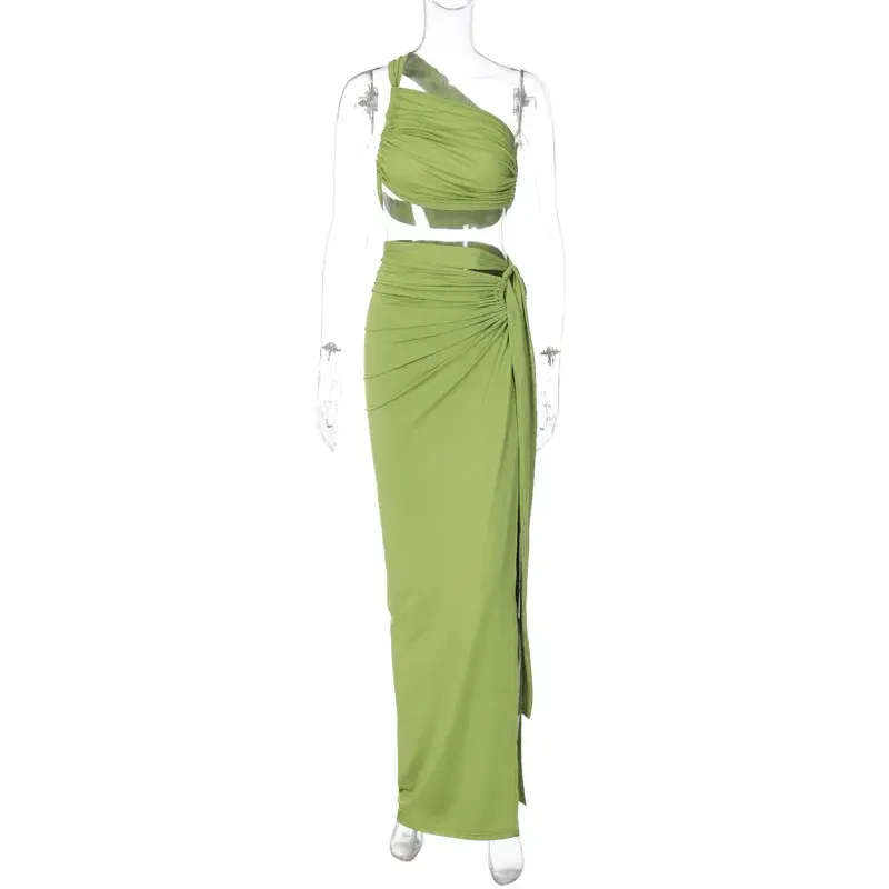 Spring Summer One Shoulder Backless Crop Top Tanks and Long Split Skirt