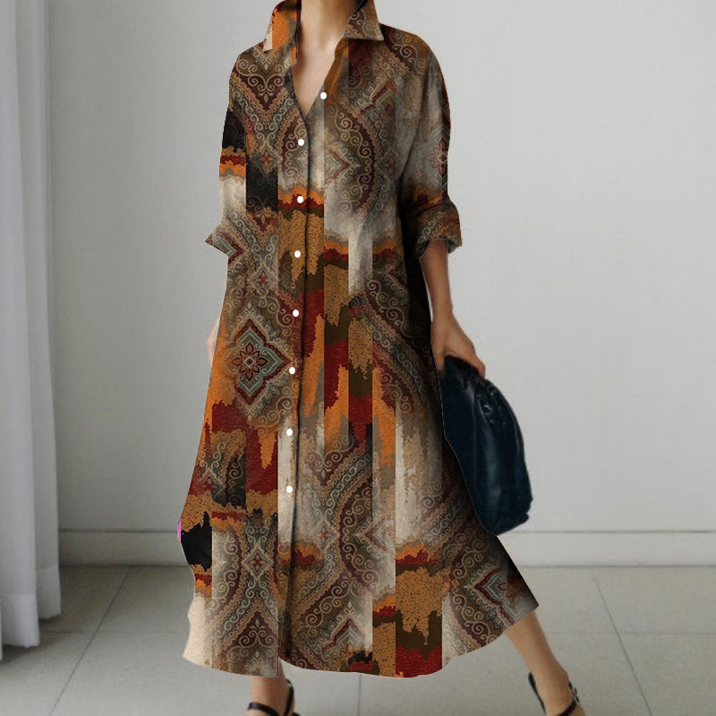 Thumbnail: Womens Fashion Retro Splicing Printed Long-sleeved Dresses Fall And Winter Singl
