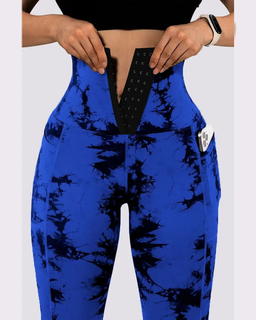 Thumbnail: Tie Dye Print Tummy Control Butt Lifting Pocket Design Yoga Pants Women Slim Sex