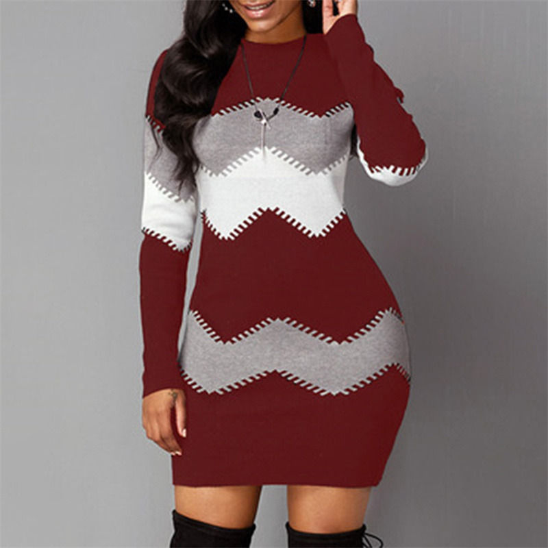 Thumbnail: Women Elegant Patchwork Long Sleeve Warm Dress 2022 Autumn Winter Rib Knit Sweat