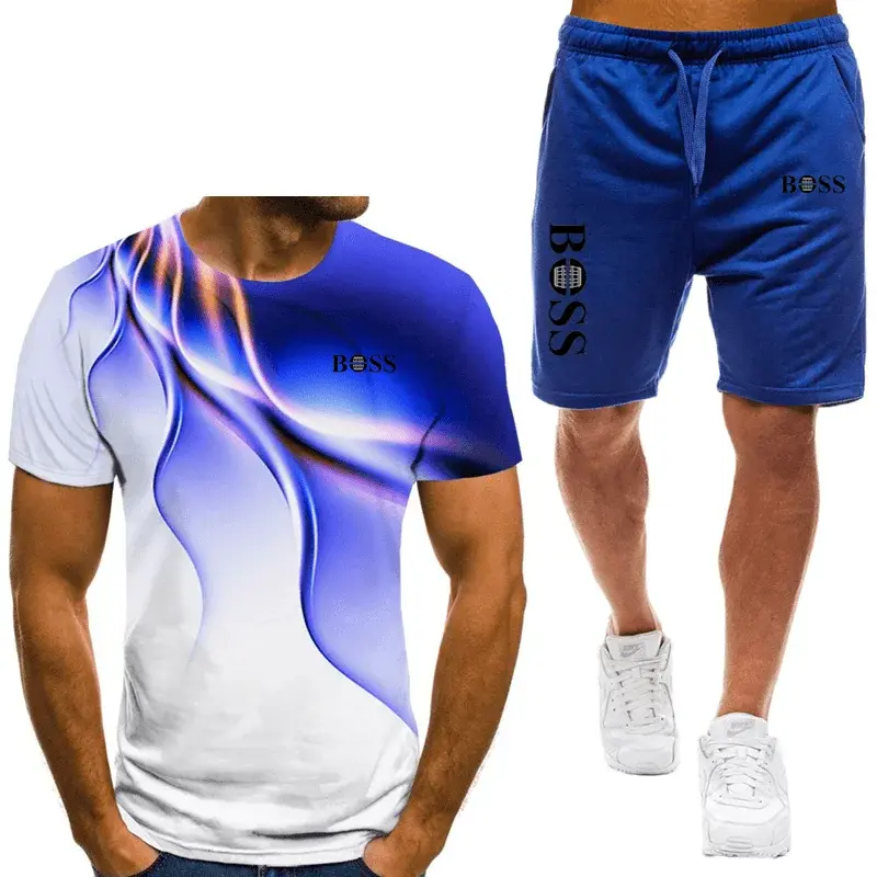 Thumbnail: Men's T-shirt and shorts set, running fashion printed short sleeved sports T-shi