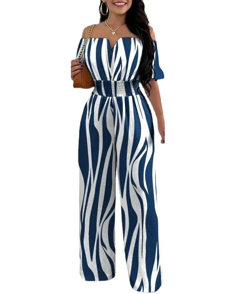 Thumbnail: Rompers 2024 Summer Printed One Piece Wide Leg Jumpsuit Women Sexy Off Shoulder 