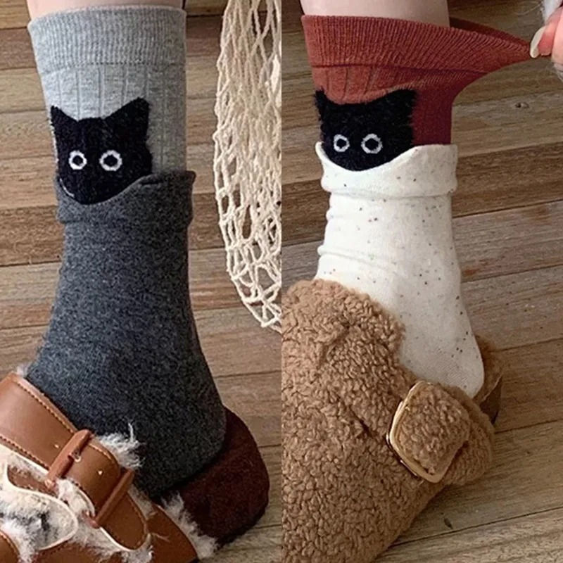 Autumn Winter Peekaboo Cat Cartoon Mid-Calf Socks Kawaii Cute Warm Socks Cotton