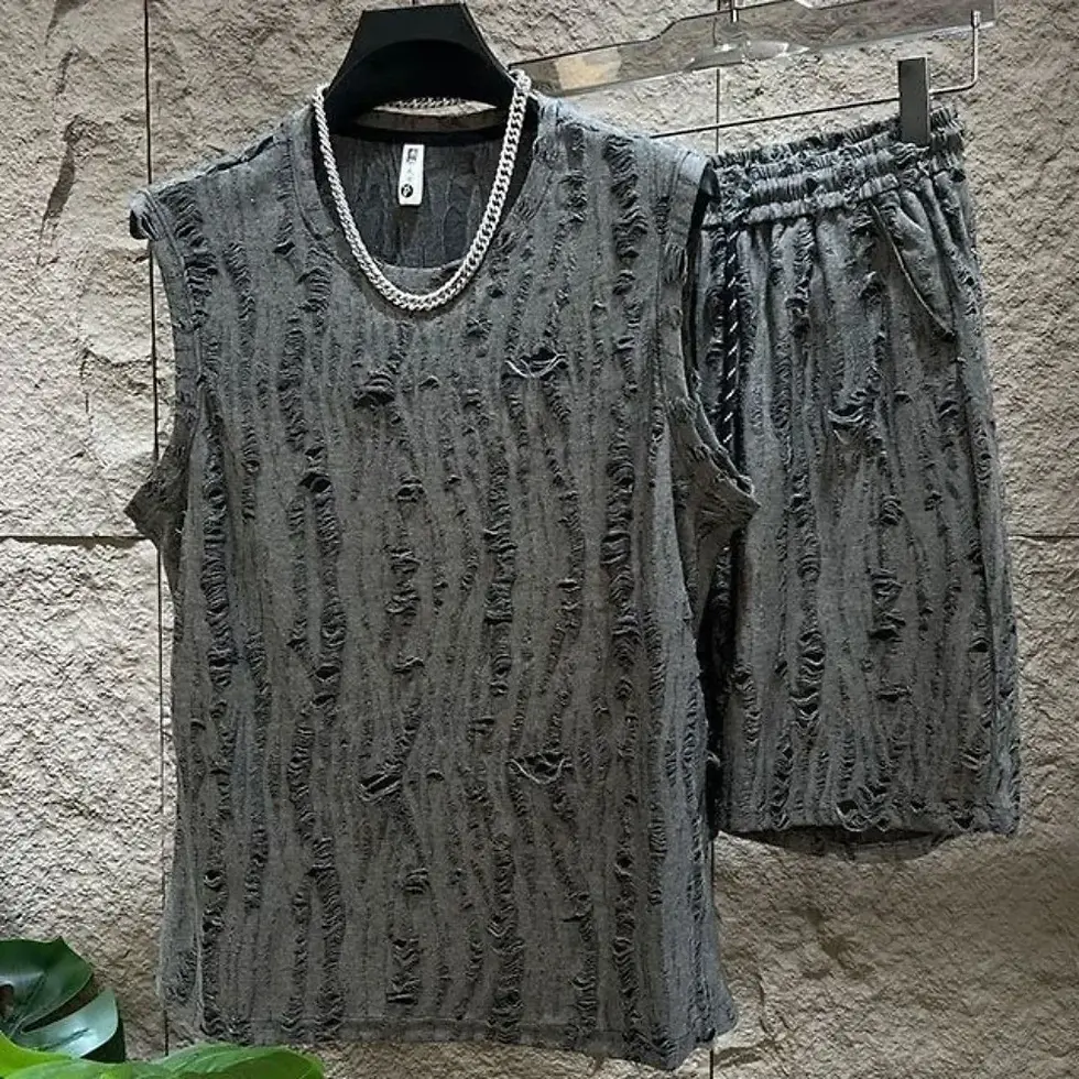Thumbnail: Men's Sleeveless T-Shirt Shorts Set O-Neck Casual Hollow Tank Top + Shorts Hole 