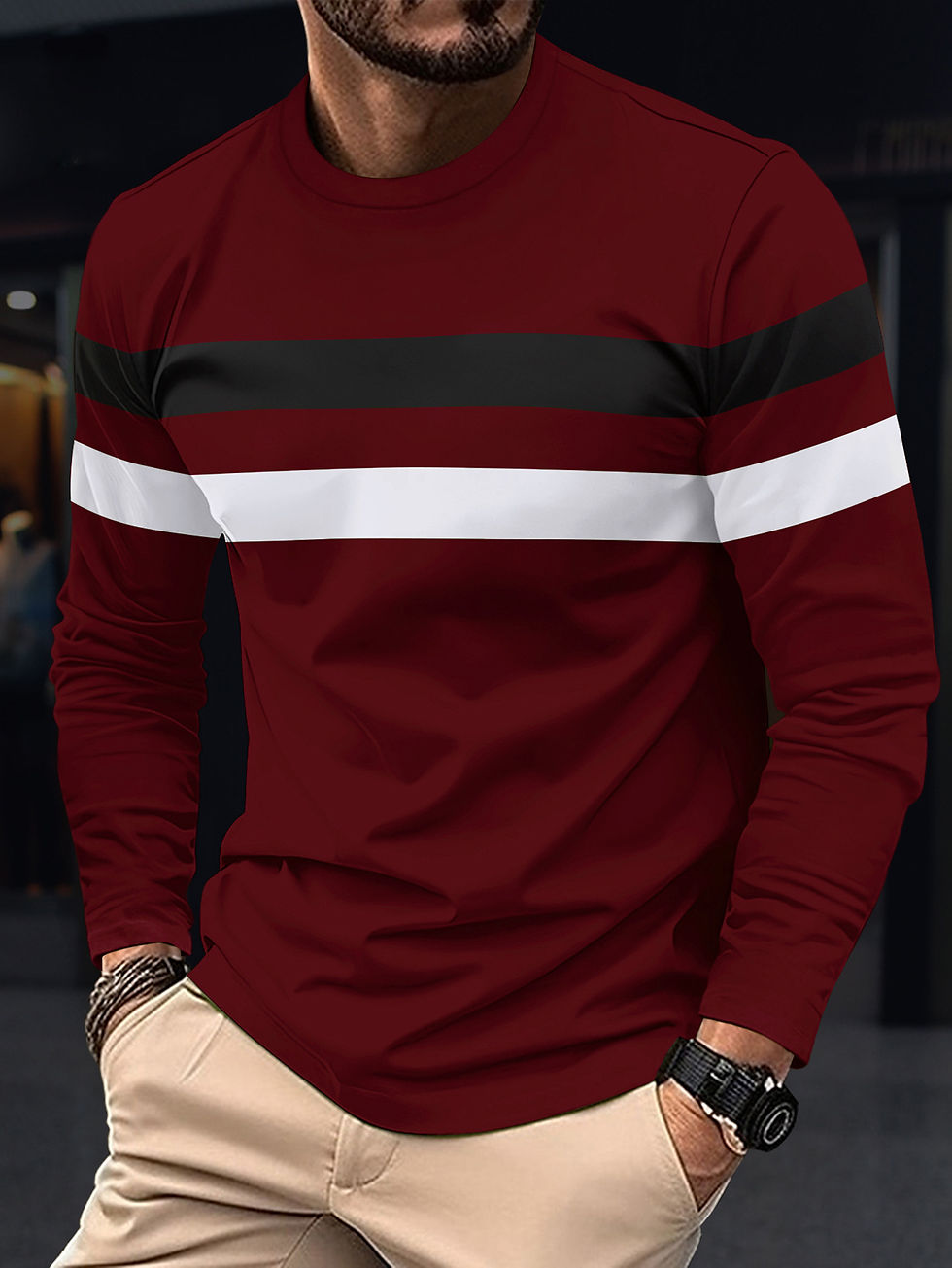 Thumbnail: New Spring and Autumn Men's Long Sleeve T-shirt Round Neck Bottom Top Color bloc