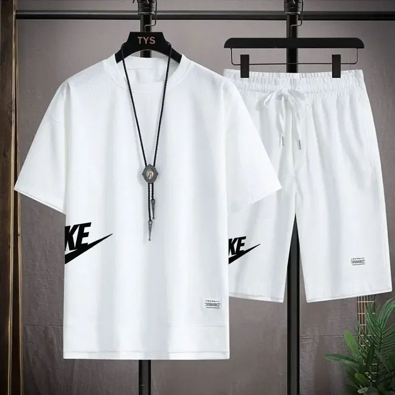 Summer Men's Waffle Sets Casual T-Shirt And Shorts Set Male Sports Suit Solid Co
