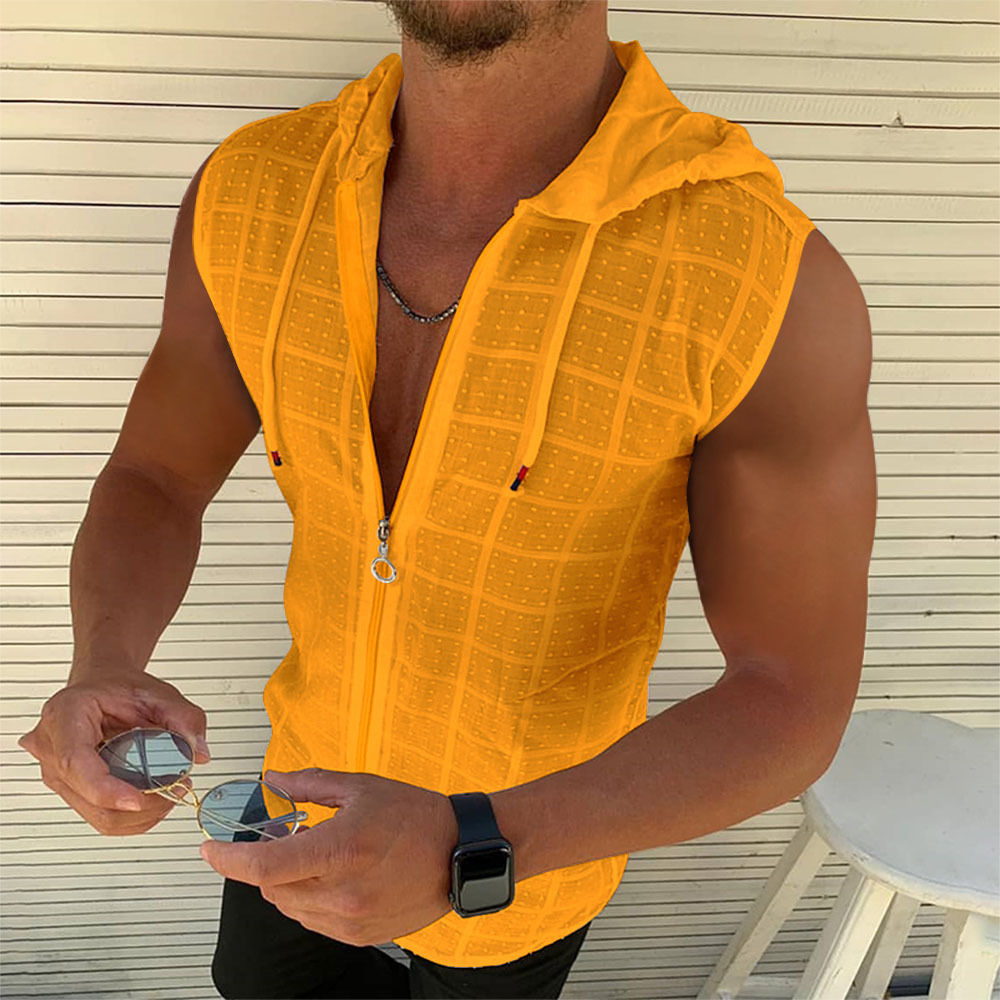 New men's fashion Summer Beach wind Sleeveless zipper hooded T-shirt Casual beac