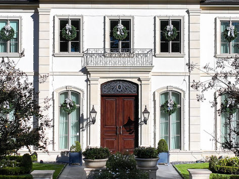 Cast Stone Entry, Middle Band, Window Surrounds with Keystone,Quoins, and Base Band
Cast Stone Texture: Standard Dry Pack
Cast Stone Color: B2
Stucco Texture: #4 Poquito
Stucco Color: