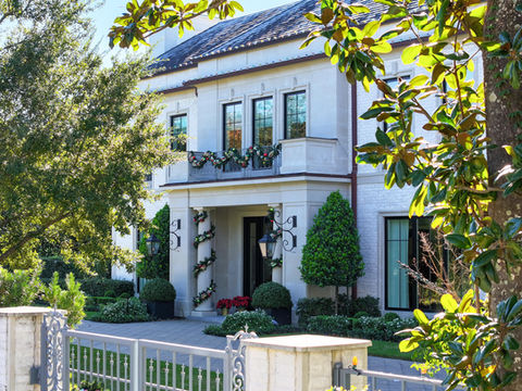 Cast Stone Entry, Tapered Fluted Columns, Middle Band, Caps, and Window Surrounds
Cast Stone Texture: Standard Dry Pack
Cast Stone Color: R1/B2
Brick Material: Old Texas Brick Antique White (Queen Size)
Brick Slurry: Light Smear to tone down texture