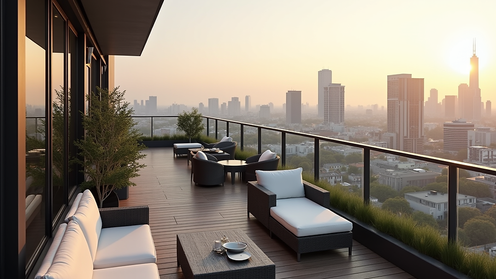 High angle view of a modern penthouse terrace with outdoor seating and cityscape