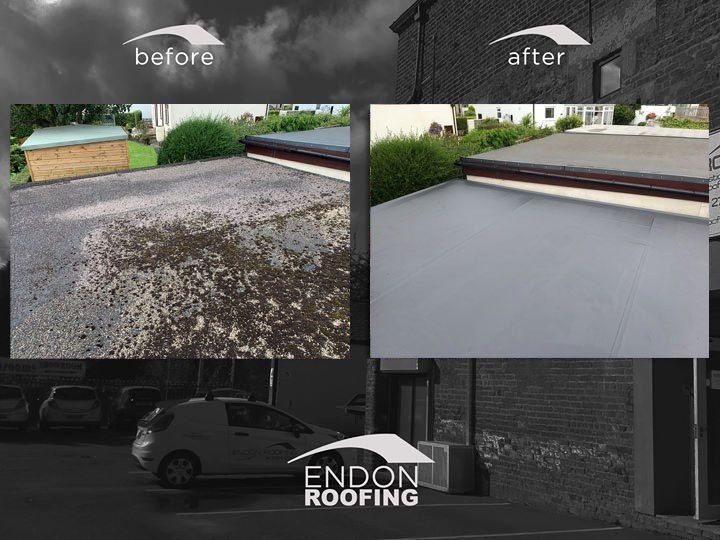 Before-and-after flat roof restoration on a building, showing a dirty roof replaced by a smooth gray finish; ENDON ROOFING.