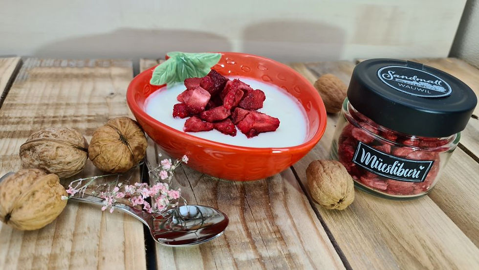 gefriergetrocknete erdbeeren aus der der Schweiz Wauwil Wauwilermoos Wauwilererdbeeren gesunder snack schweizer Erdbeeren