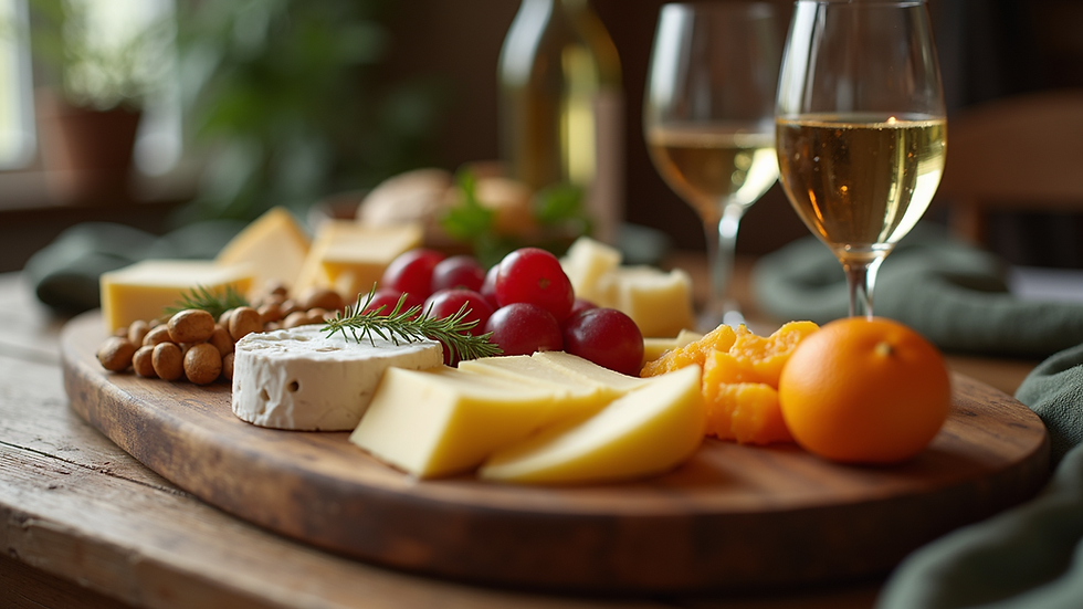 Close-up view of a beautifully arranged cheese and wine platter