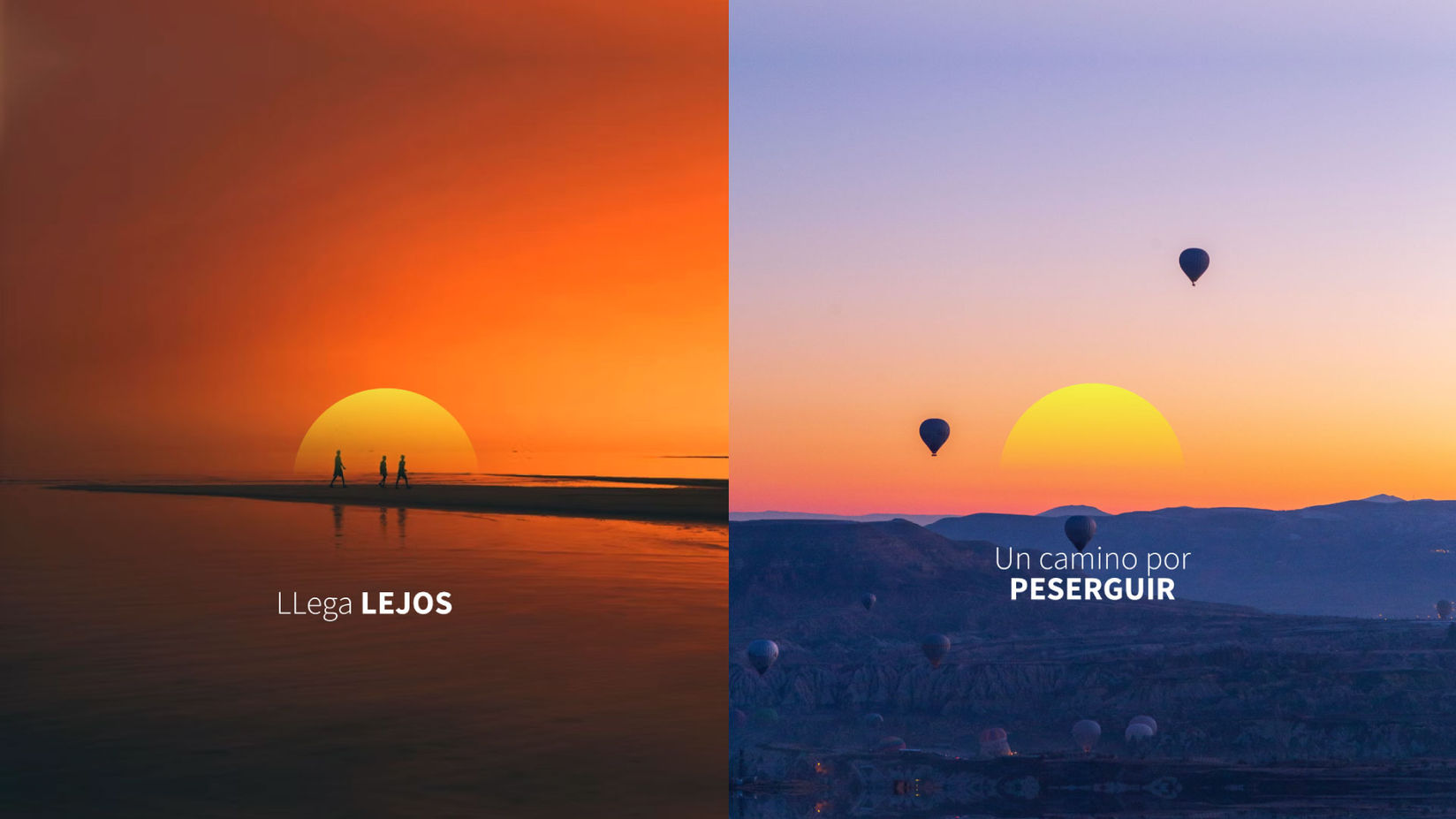 Atardecer con globos aerostáticos y un mensaje inspirador superpuesto, combinando branding y fotografía