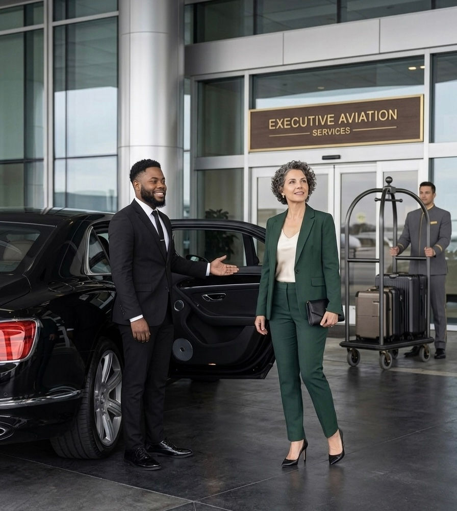 Professional chauffeur welcoming a business traveler beside a luxury black car at an airport terminal