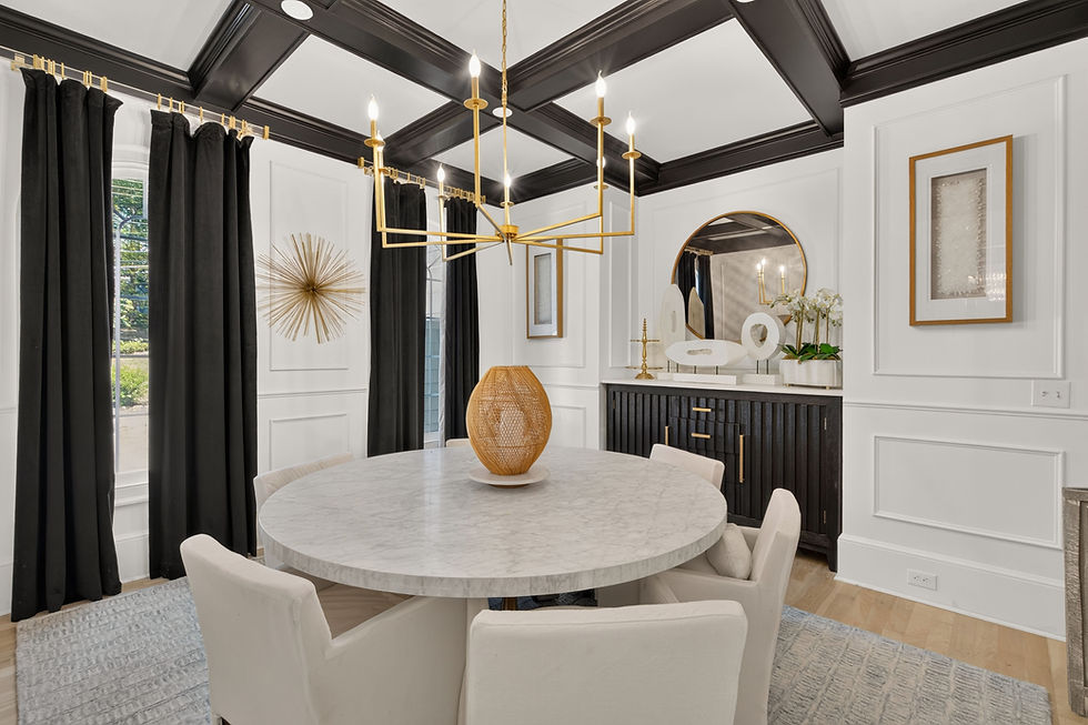 Modern dining room with coffered ceiling and gold chandelier