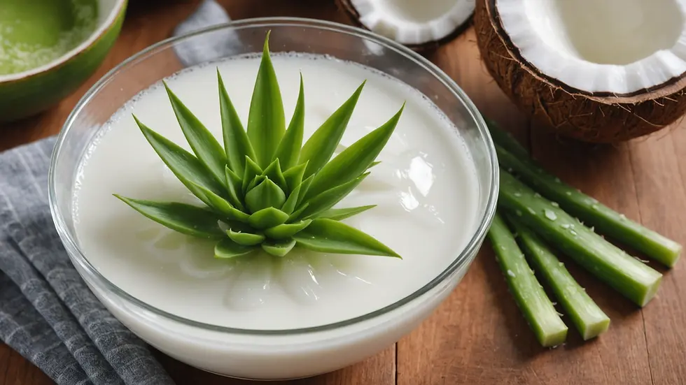 High angle view of coconut milk and aloe vera gel in a clear bowl