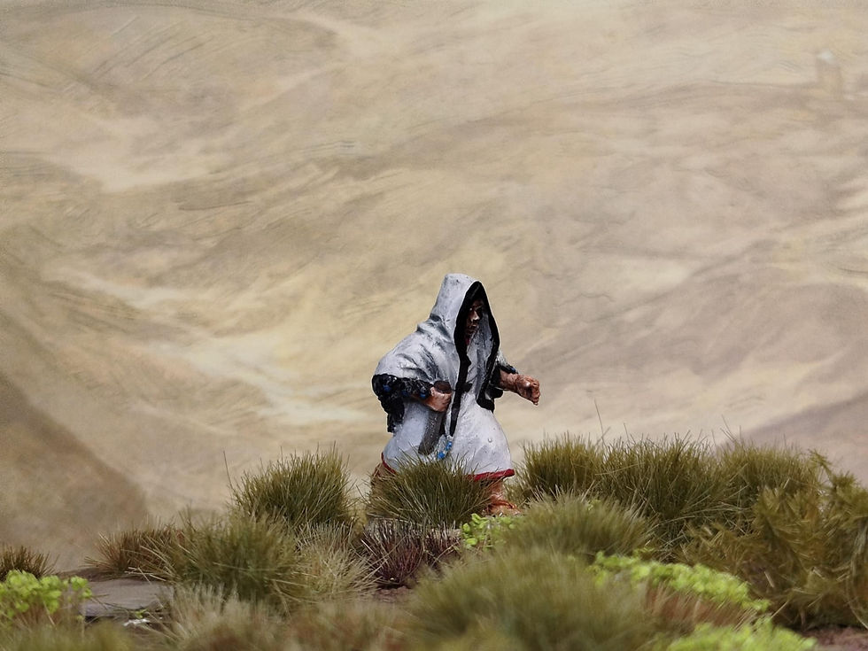 One of the Sicarii, wearing a prayer shawl over their head as a disguise, creeps up on an unwitting victim...