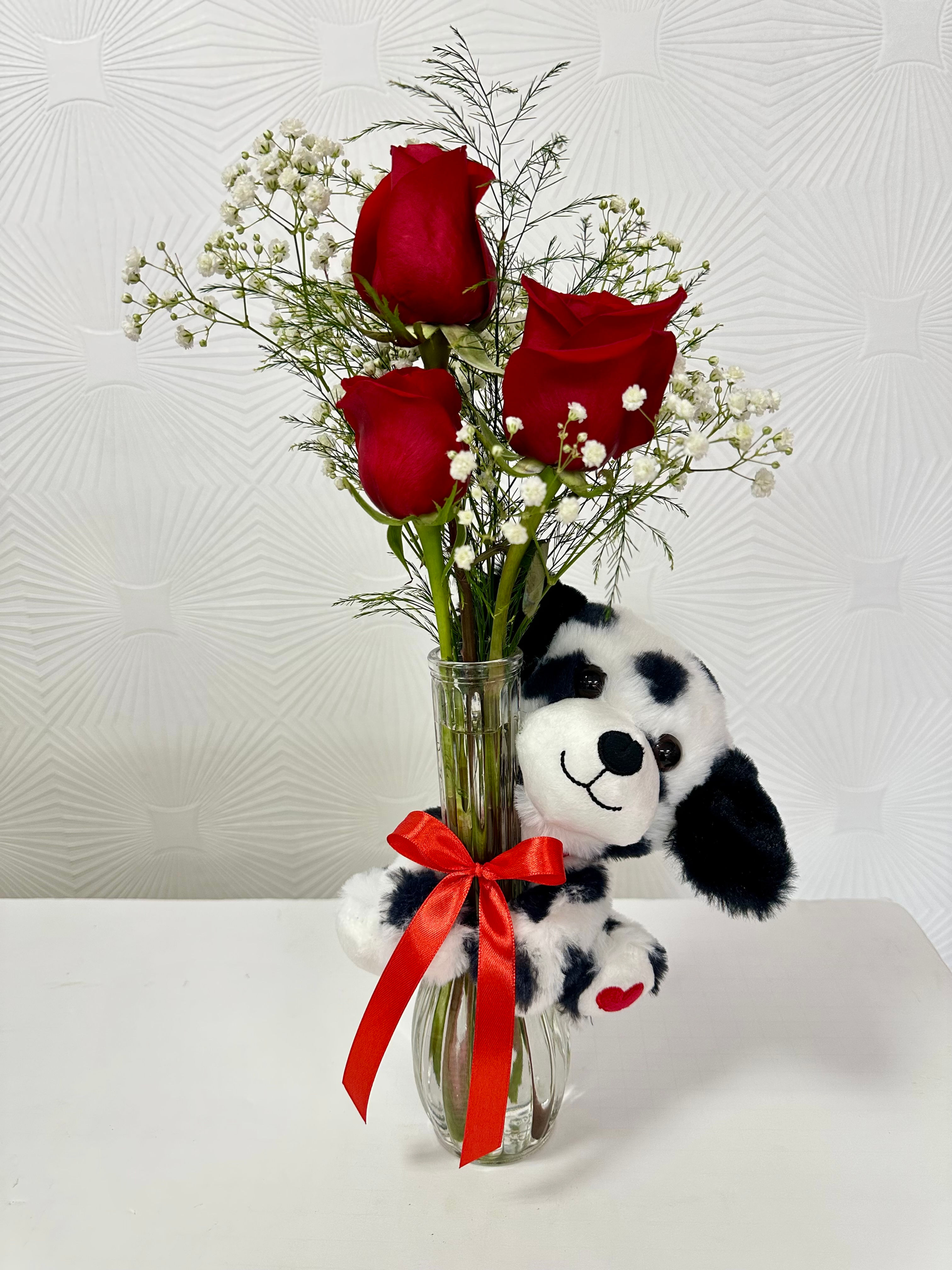 3 Rose glass bouquet with Plush toy
