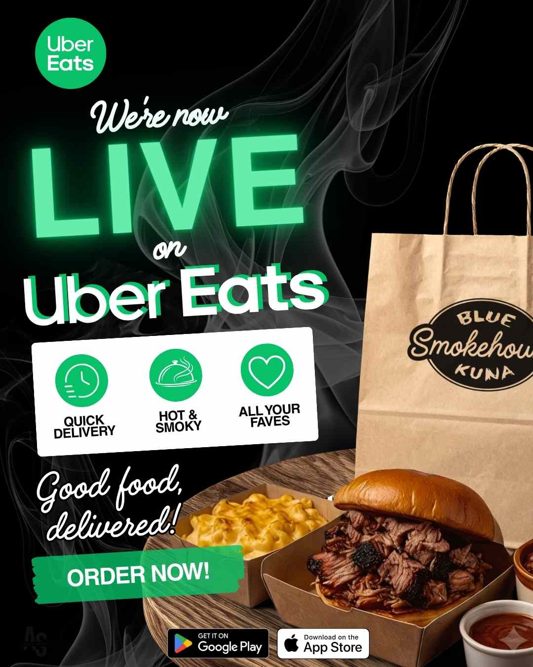 Ubereats Launch flyer Blue Kuna Smokehouse ©2026 Amanda Sabotka