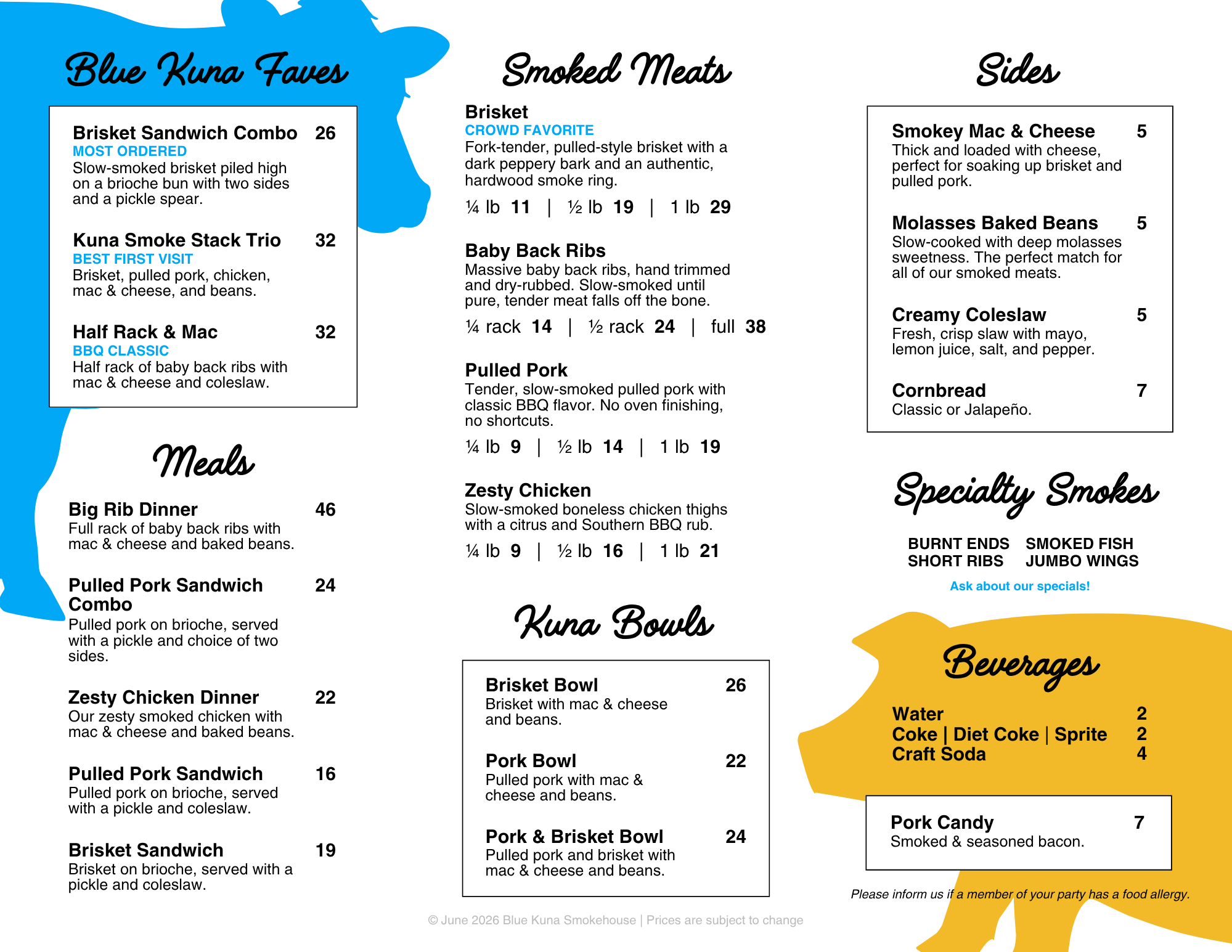 Blue Kuna Smokehouse Summer Menu Design ©2026 Amanda Sabotka