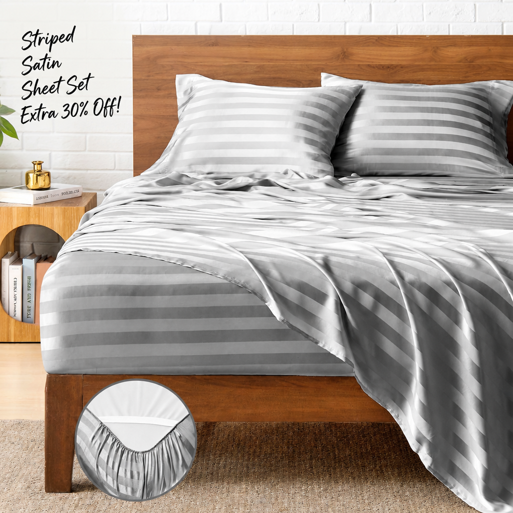 BEDELITE Jacquard Striped Satin Sheet Twin Size, Dark Grey, 3 Pieces