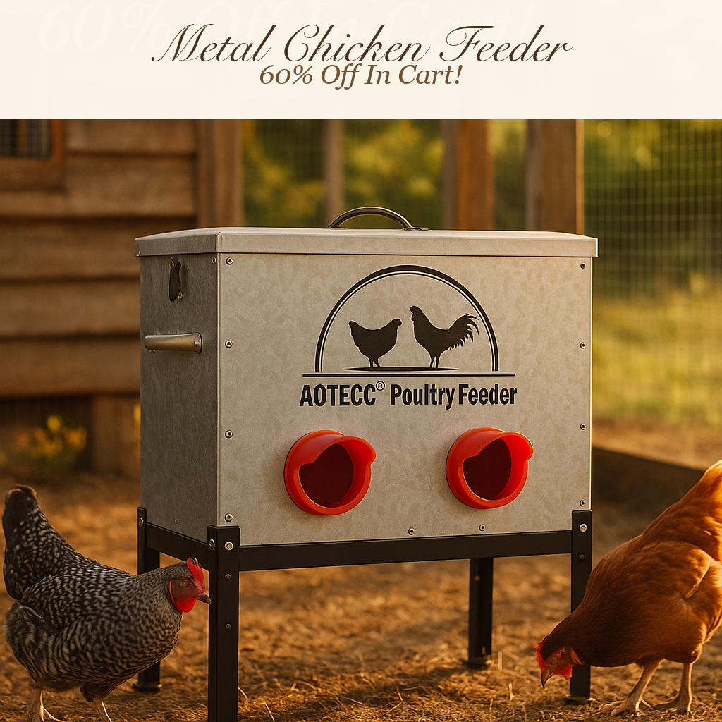 AOTECC Metal Chicken Feeder, 40lb Automatic Chicken Feeder - 6 Feeding Ports, No Waste Poultry Feeder with Locking Lid & Legs for Outdoor Inside Chicken Coops Geese Ducks, Weatherproof, Rodent Proof