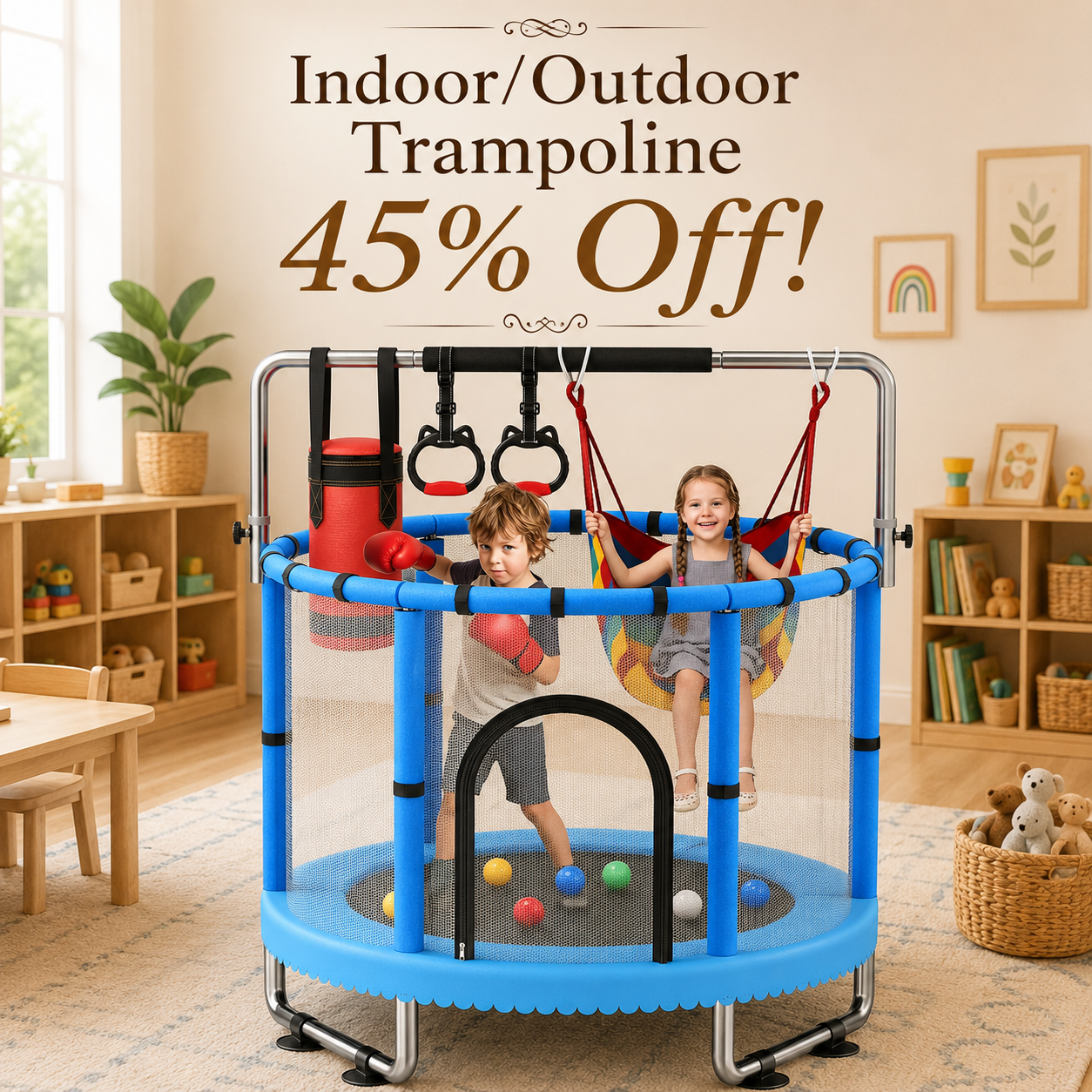 Mom selected Toddler Trampoline,55" Trampoline for Kids with Enclosure,440lbs Capacity Toddler Trampoline Outdoor & Indoor with Adjustable Gymnastics Bar & Toys,Gift for Boys & Girls