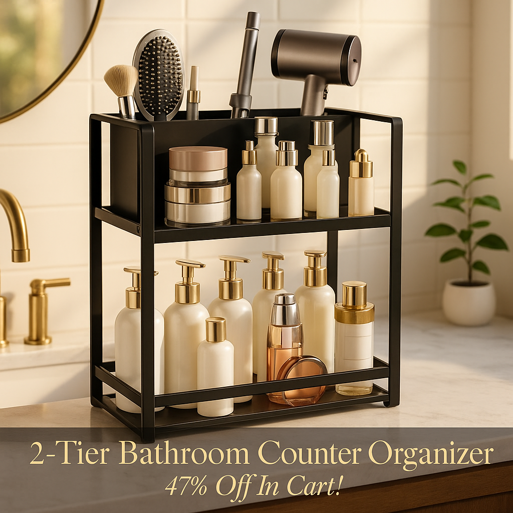 SanDream Hair Tool Organizer Bathroom Countertop, 2-Tier Metal Bathroom Organizer with Blow Dryer Holder, Large Capacity Space-Saving Vanity Shelf for Perfume, Skincare & Makeup Storage (Black)