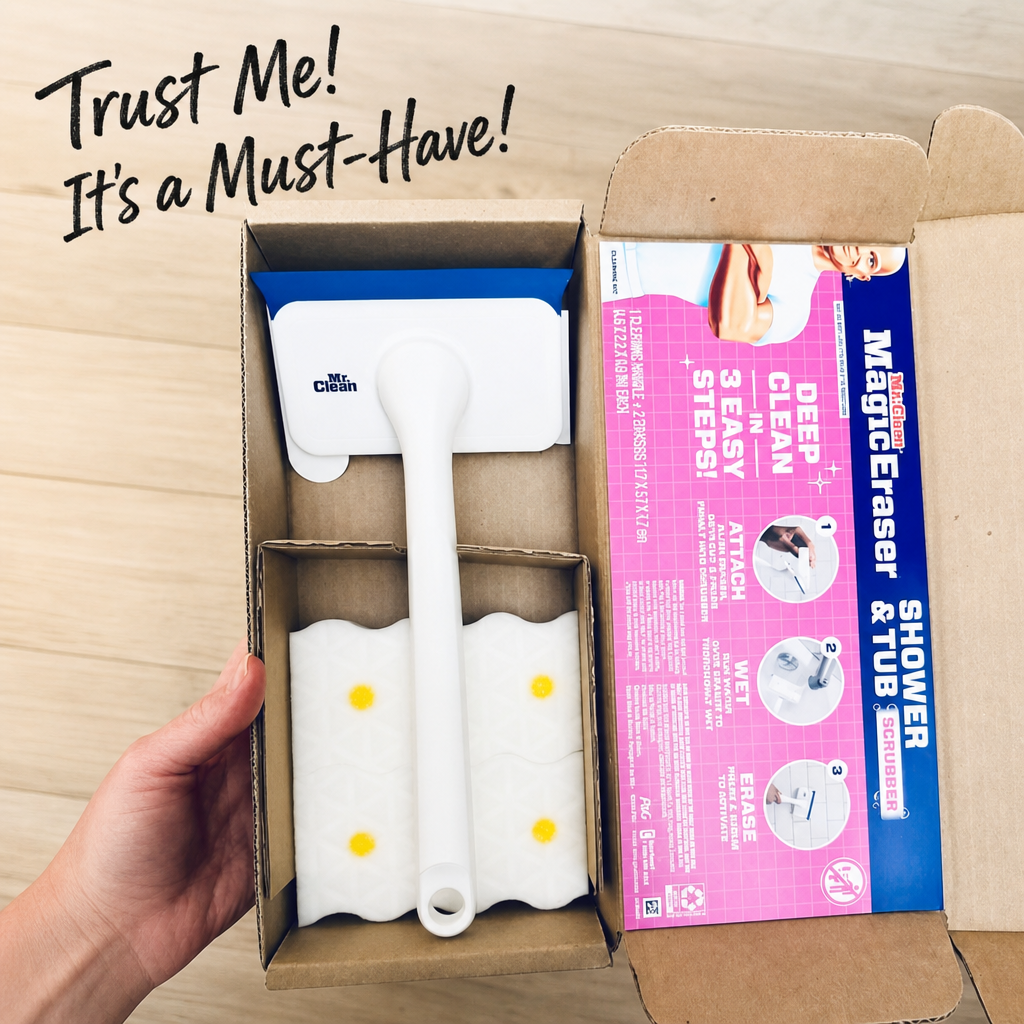Mr. Clean Magic Eraser Shower & Tub Scrubber, Bathroom Cleaner, All in One Bathroom Cleaner, Lemon Starter Kit, 1 Scrubber & 2 Foaming Magic Erasers