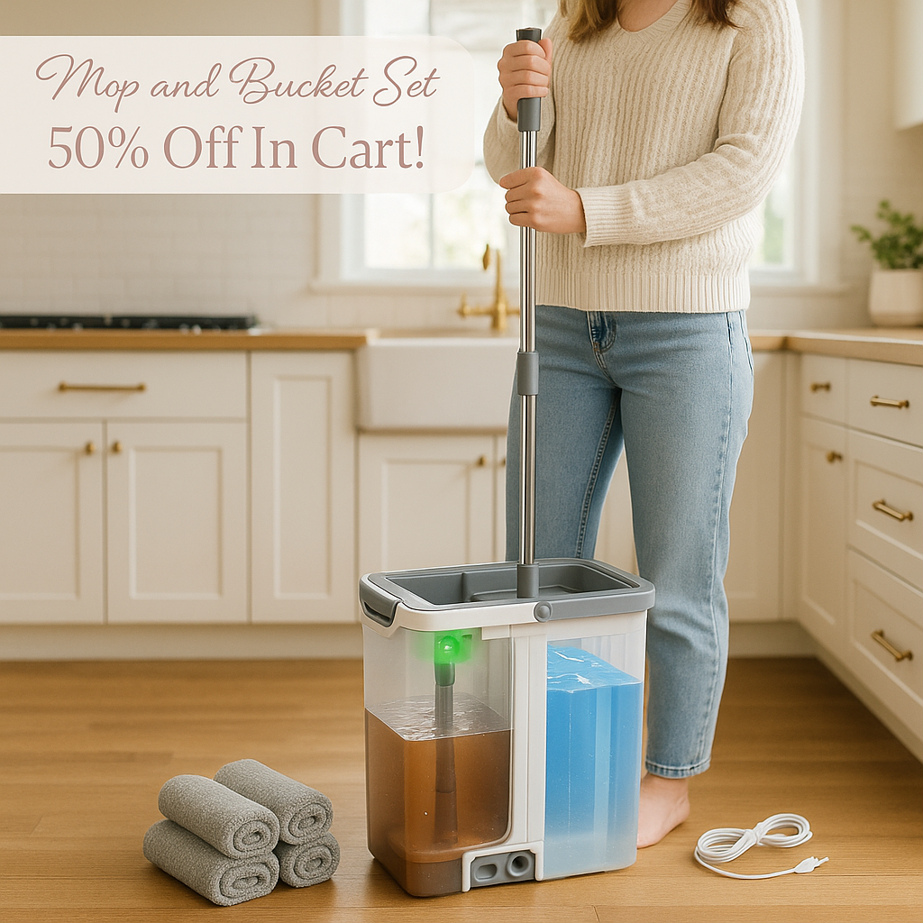 Mop and Bucket Set with AUTO Pump, 3-Zone Separate Dirty and Clean Water, Flat Mop and Bucket System with Wringer and Wheels, 4 Reusable Microfiber Pads, One-Touch Water Filling for Home Cleaning