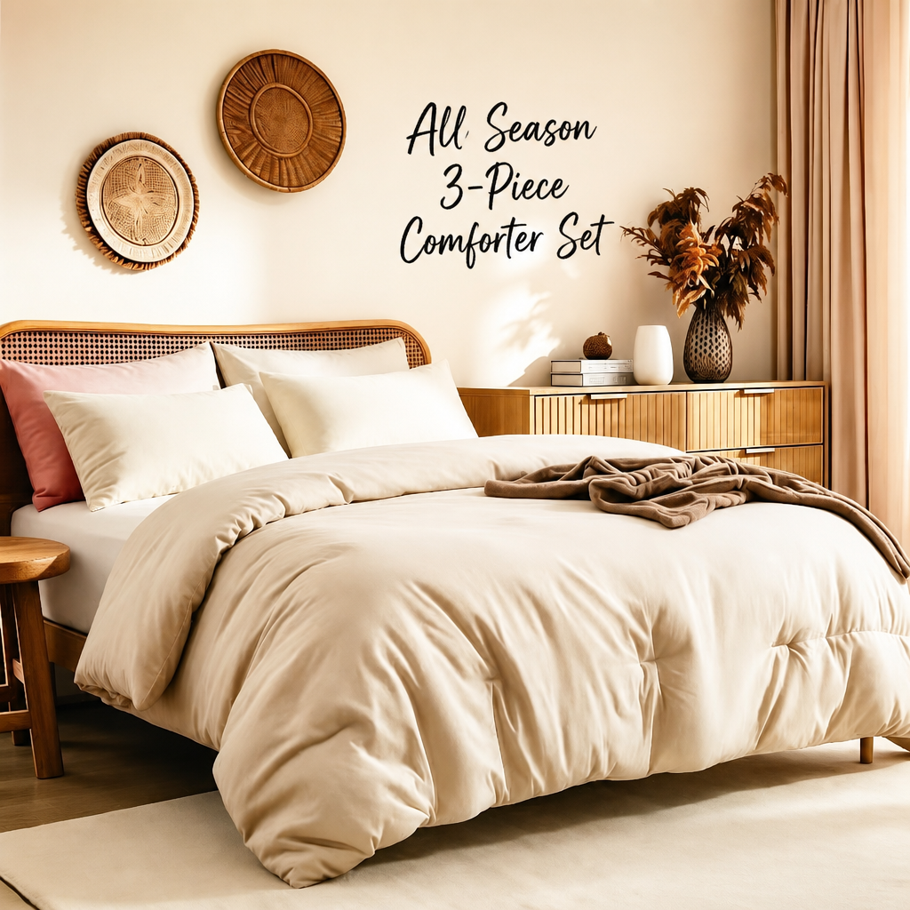 Queen Comforter Set Prewashed Lightweight Quilted Bedding for All Season | 3PCS Cream Breathable Down Alternative Bedding Set with 1 Solid Comforter (90"x90") and 2 Soft Pillowcases